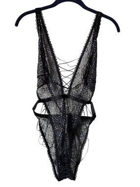 Savage X Fenty Disco Lace Up Teddy Black Mesh Sequin Bodysuit Medium
